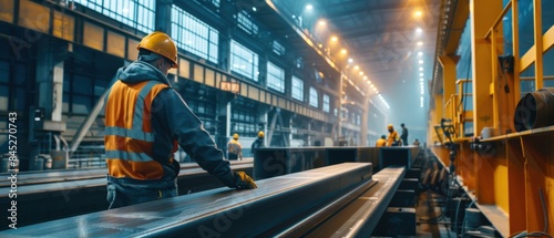 Modern steel manufacturing plant, with workers inspecting beams under bright fluorescent lights