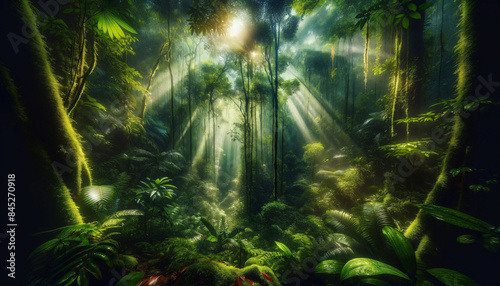 a painting of a jungle scene with sunlight streaming through the trees © Krista