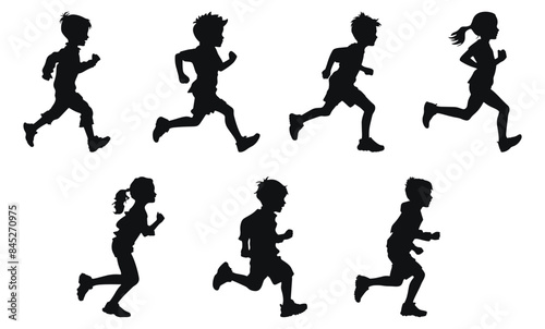 Running kids silhouettes vector black and white illustration. Group of children in motion from side view.