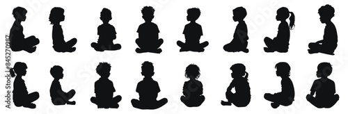 Kids sitting silhouettes vector black and white illustration. Children seated in various poses from side view.
