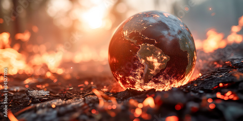 Abstract background of overheated earth globe on polluted land with plastic bottles and powerplant pipes. Pollution and global warming concept. photo