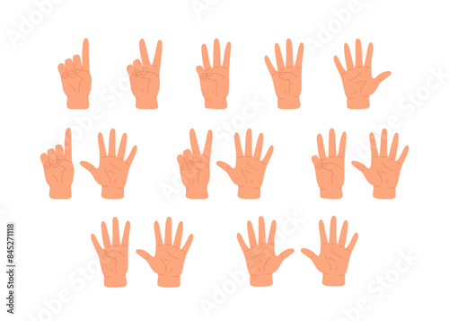 Counting with fingers. Hand gesturing, arm showing one, two, three, four and five numbers, digits. Countdown, score, elementary math learning. Flat vector illustration isolated on white background