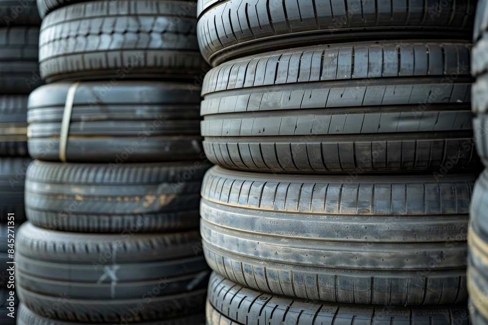 Close-up of Stacked Tires in Industrial Storage Area, Highlighting Rubber Production and Recycling Close-up of Stacked Tires in Industrial Storage Area, Highlighting Rubber Production and Recycling