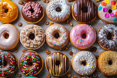 A vibrant photo captures a delightful spread of US-style donuts with various colorful toppings and fillings. The eye-catching display.