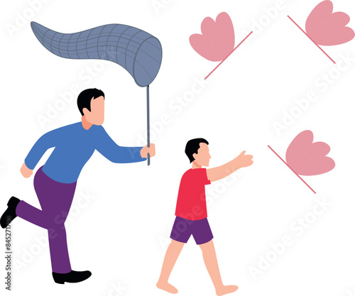 A boy and a child are catching butterflies with a net.