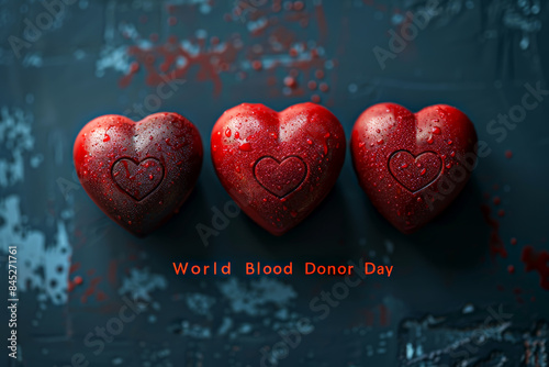 Red hearts with droplets representing World Blood Donor Day. World Blood Donor Day. photo