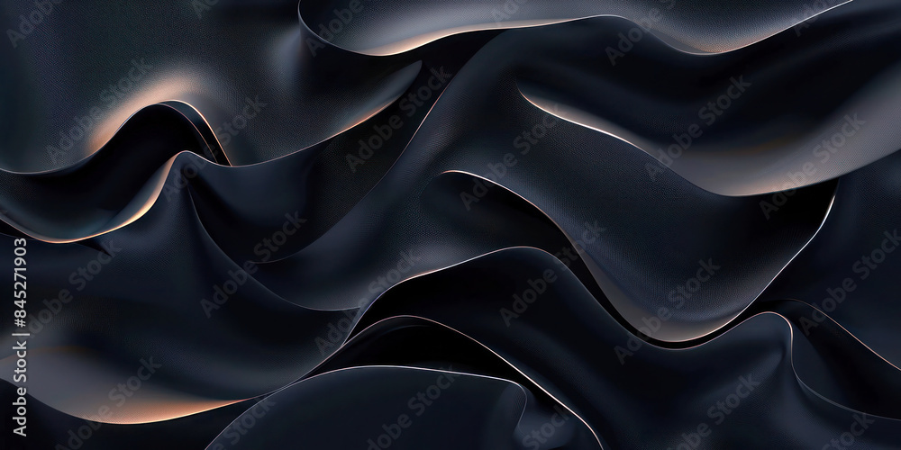 Obraz premium Abstract Wavy Dark Metallic Surface. An elegant abstract banner featuring wavy, dark metallic surfaces with smooth curves and a subtle glow.