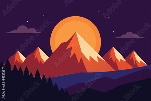 Beautiful mountain landscape, white nights or midnight sun. Amazing landscape of the polar night with silhouettes of mountains and stunning sun. Vector illustration