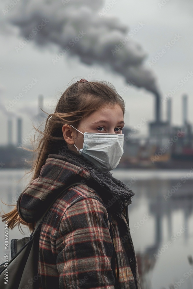 Obraz premium Young girl with face mask, emphasizing air quality issues, industrial landscape filled with smoke