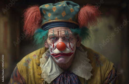 Portrait of a sad clown. Intensely emotional clown with tear-streaked makeup. photo