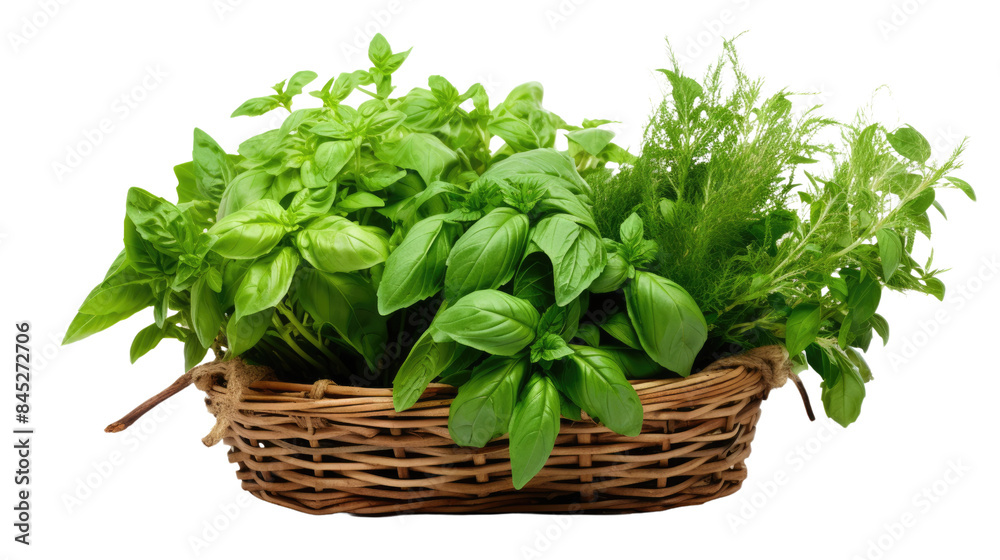 Photograph of a basket overflowing with fresh Western herbs, such as basil, oregano, and thyme Photograph of a basket overflowing with fresh Western herbs, such as basil, oregano, and thyme