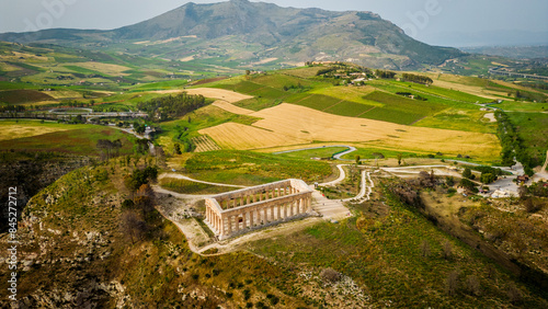 Aerial view of Archaeological Park of Segesta ruins in Sicily , temple  photo