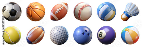 Sports balls 3D icons set illustration. Collection of various sport equipment including football, basketball, and tennis