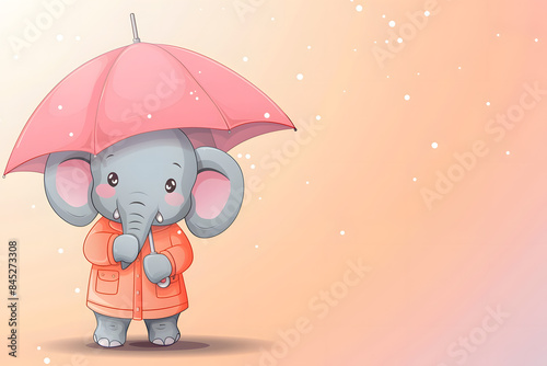 Funny cute cartoon elephant with umbrella on background. Rainy season.