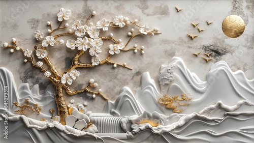 Elegant 3D White and Gold Cherry Blossom Tree Wall Art