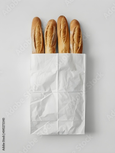 Fresh Baguette in a white paper bag mockup on white background photo