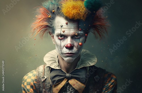 Portrait of a sad clown. Intensely emotional clown with tear-streaked makeup.