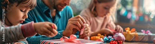 Father and kids finishing a gift wrapping with ribbon and bows, focus on, Father s Day togetherness, vibrant, composite, craft table backdrop photo