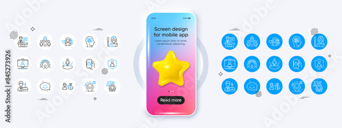 Nurse, Selfie stick and Businessman case line icons. Phone mockup with 3d star icon. Pack of Woman love, Smile chat, Augmented reality icon. Stress, Like app, Leadership pictogram. Vector