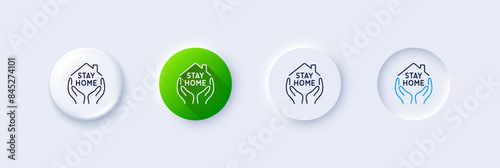 Stay home line icon. Neumorphic, Green gradient, 3d pin buttons. Coronavirus pandemic quarantine sign. Save lives symbol. Line icons. Neumorphic buttons with outline signs. Vector