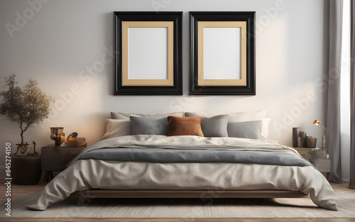 Empty picture frame on a cozy bedroom wall  natural daylight  interior decor mockup