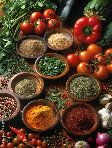 A table full of spices and fresh vegetables, including tomatoes, onions, peppers, and herbs. Generative AI