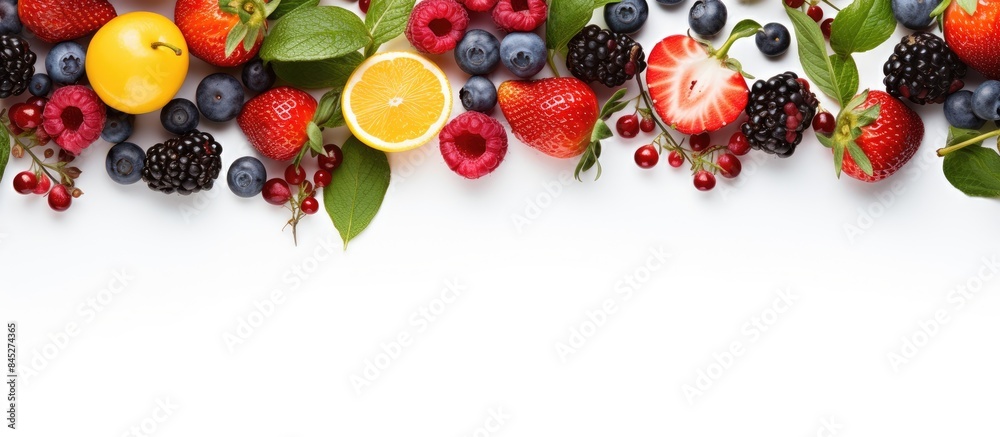 Top view of a fresh fruit pattern with vibrant berries lush green leaves and a frame all set against a clean white background The image promotes the idea of healthy food allowing for creative copy sp Top view of a fresh fruit pattern with vibrant berries lush green leaves and a frame all set against a clean white background The image promotes the idea of healthy food allowing for creative copy sp