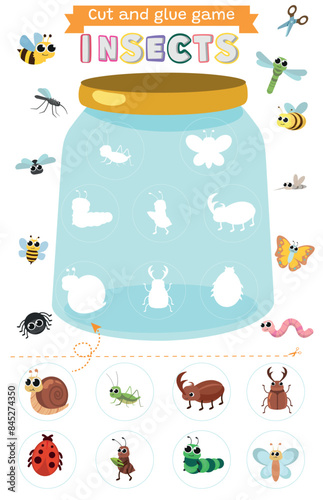 Learning insects and bugs. Cut and glue educational children game. Matching shadow game worksheet for kids. 