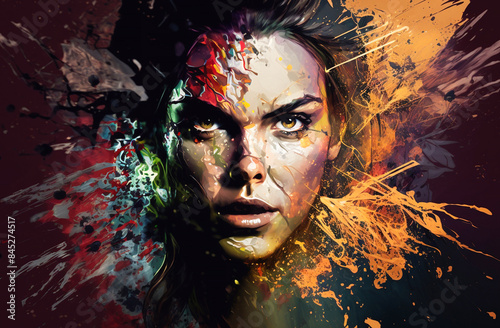 Woman covered in colorful paint splatter looking directly at viewer