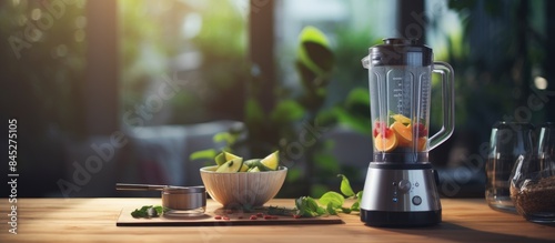 On a wooden kitchen table there s a copy space image of an electric blender used for making juice from fruit and vegetables as well as detox smoothies photo