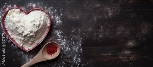 Top view of a dark table with a heart made of flour along with the text Cook and a rolling pin It serves as a baking background image with copy space photo