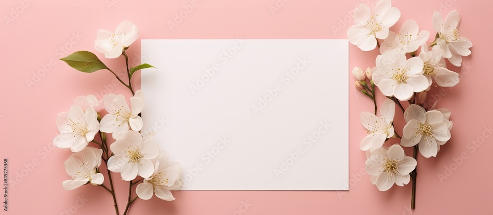 A top down view of a holiday greeting card mockup featuring flowers on a light pink background with a white wedding invitation card mockup and floral decorations The image is arranged as a flat lay A top down view of a holiday greeting card mockup featuring flowers on a light pink background with a white wedding invitation card mockup and floral decorations The image is arranged as a flat lay