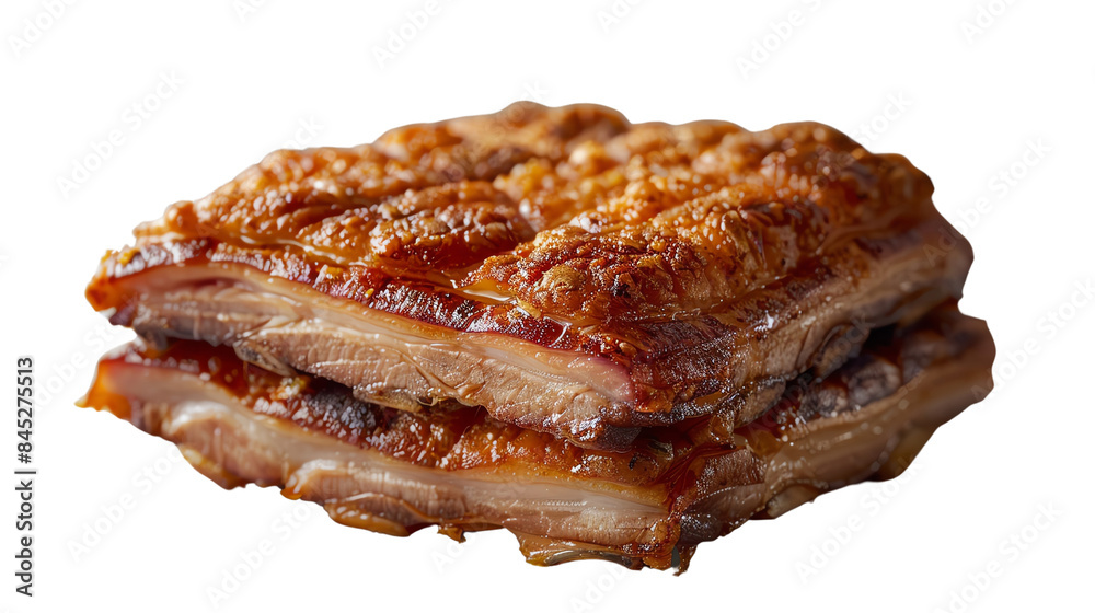 Perfectly cooked roasted pork belly with crispy skin, isolated on transparent background cutout. Perfectly cooked roasted pork belly with crispy skin, isolated on transparent background cutout.