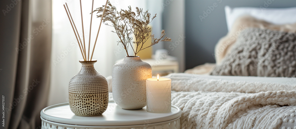 Fototapeta premium luxurious bedroom setting, an aromatic scented candle and reed diffuser to create a relaxing ambiance