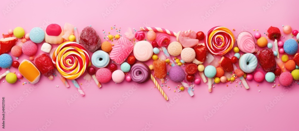 Top view of a vibrant flat lay featuring a colorful party celebration with tasty sweet candy treats on a pink background creating a lively and lively copy space image
