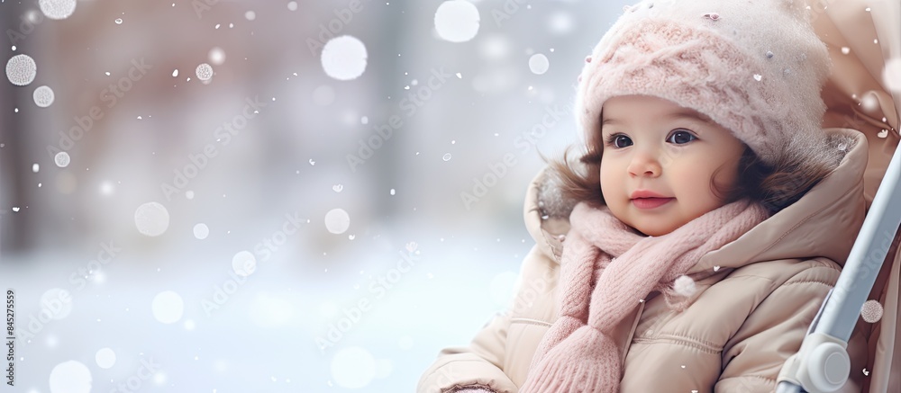 Happy baby girl sitting in a pram or stroller on a cold day dressed in stylish warm clothes with a beautiful coat and hat Snow is falling in the background copy space image Happy baby girl sitting in a pram or stroller on a cold day dressed in stylish warm clothes with a beautiful coat and hat Snow is falling in the background copy space image