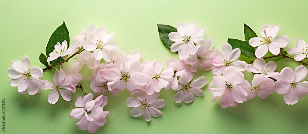 A top down perspective showcases a vibrant green apple encircled by delicate white apple blossoms against a backdrop of soft pink Ample copy space is available A top down perspective showcases a vibrant green apple encircled by delicate white apple blossoms against a backdrop of soft pink Ample copy space is available