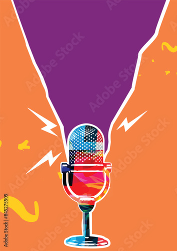 Retro microphone on orange and purple background. Podcasting and creativity in music concept