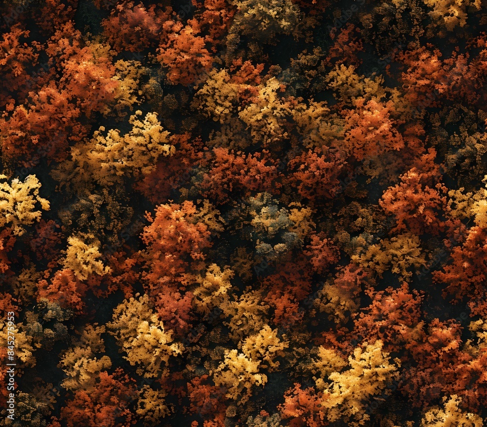 Aerial Autumn Woodland with Dense Vibrant Fall Foliage Canopy