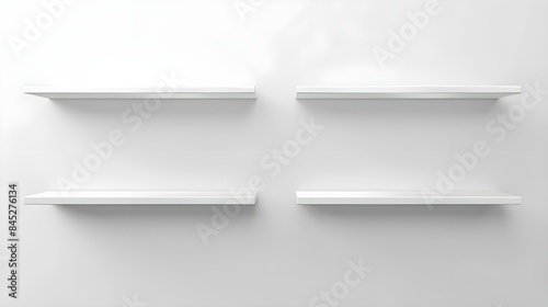 Fototapeta Naklejka Na Ścianę i Meble -  Four empty white floating shelves above each other on white wall. Place for your products 