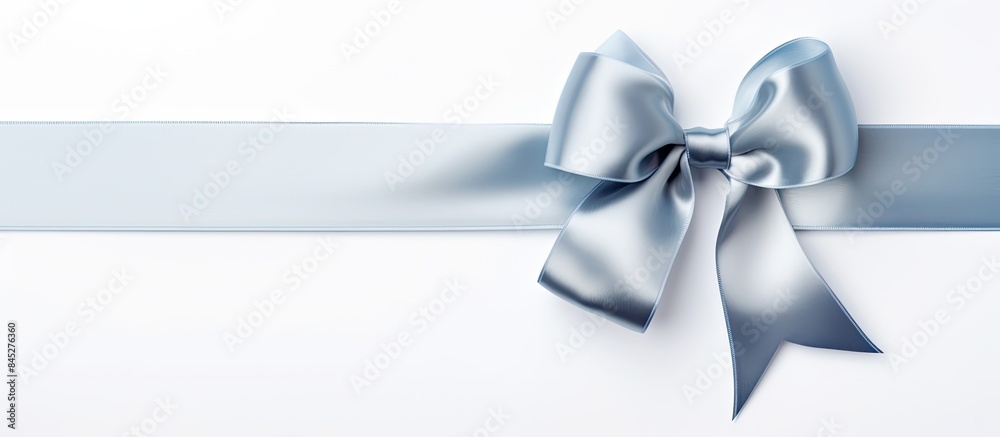 A silver shiny satin ribbon bow with ribbon is positioned by the corner of a frame creating an isolated copy space image on a white background suitable for a holiday theme A silver shiny satin ribbon bow with ribbon is positioned by the corner of a frame creating an isolated copy space image on a white background suitable for a holiday theme