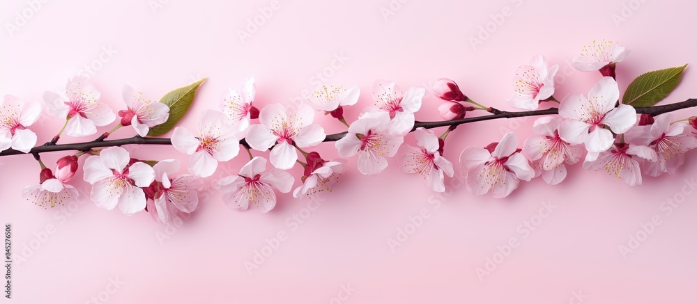 A minimalist style banner featuring a millennial pink background provides a visually appealing backdrop for cherry tree flowers from a top down perspective The design allows for copy space making it