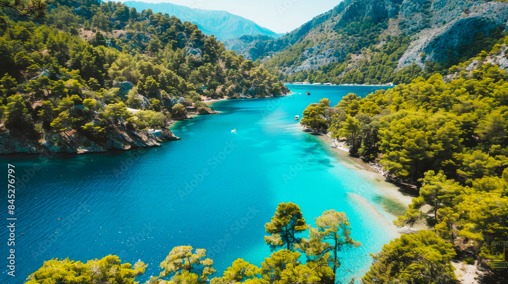 Fototapeta premium Aerial view of a mediterranean beach surrounded by trees and mountains in background