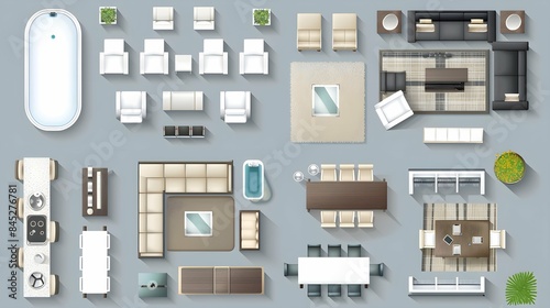 Plan floor apartments set. Studio, condominium, flat, house. One, two bedroom apartment. Interior design elements bedroom, bathroom with symbols furniture. Vector architecture 2D floor plan.
