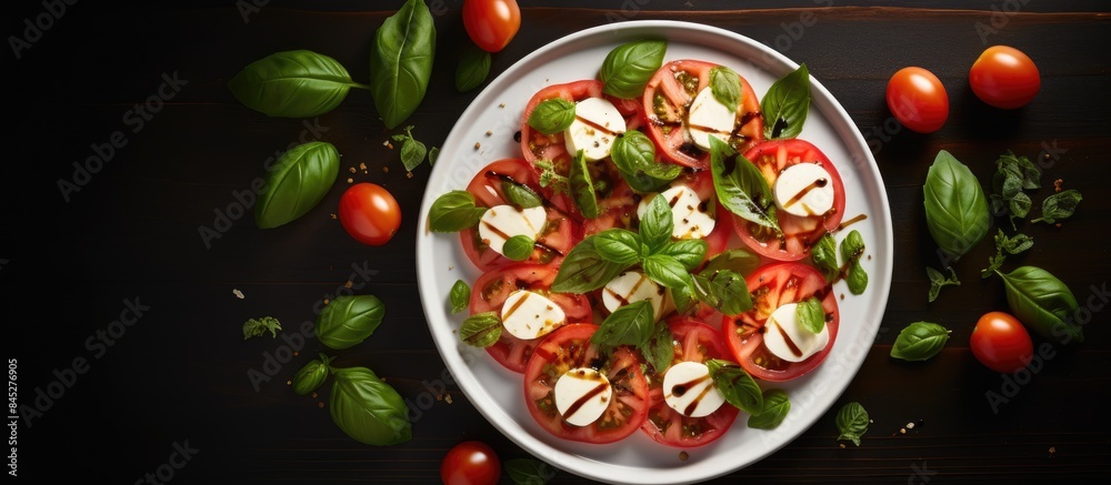 A top view flat lay showcasing a Caprese salad made with ripe tomatoes fragrant garden basil and creamy mozzarella cheese Ample copy space is available for additional elements A top view flat lay showcasing a Caprese salad made with ripe tomatoes fragrant garden basil and creamy mozzarella cheese Ample copy space is available for additional elements