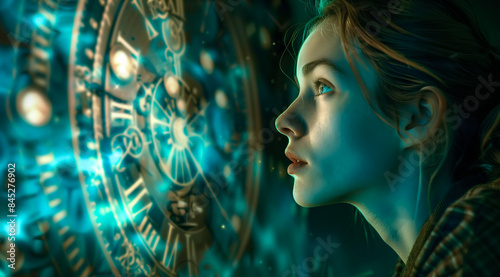Surreal moment of a woman standing in front of clock. Watching destiny with the time passing. Generative Ai.