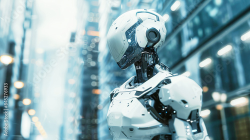 A futuristic humanoid robot in an urban setting