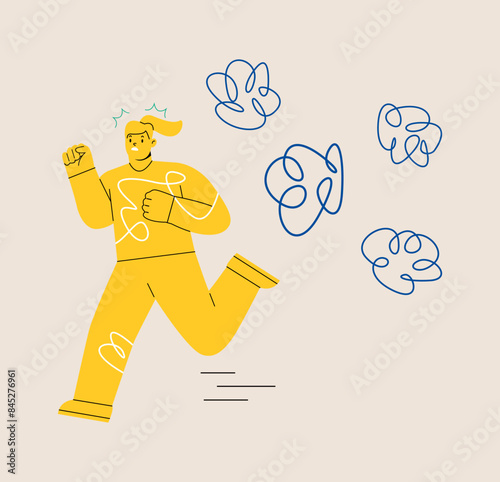 Woman runs away from her phobias. Anxiety concept. Colorful vector illustration