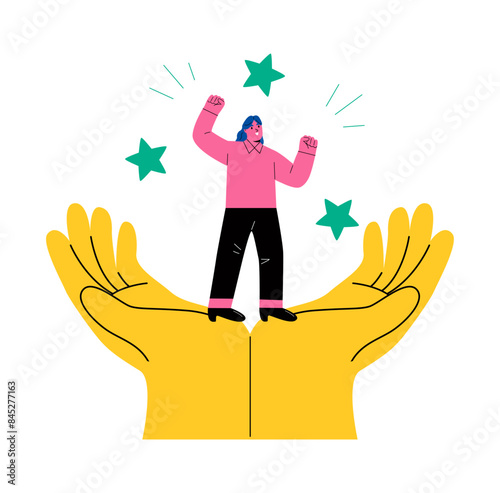 Business woman standing on palms. Support systems concept. Flat vector illustration isolated on white background