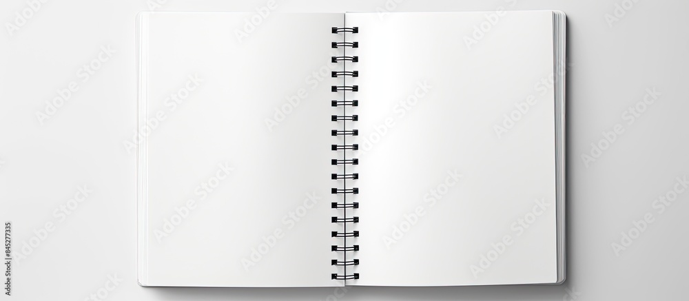 Top view of a blank spiral sketchbook with an empty open page captured in a real photo The white background allows for text placement and there is ample copy space This black and white panoramic mini Top view of a blank spiral sketchbook with an empty open page captured in a real photo The white background allows for text placement and there is ample copy space This black and white panoramic mini
